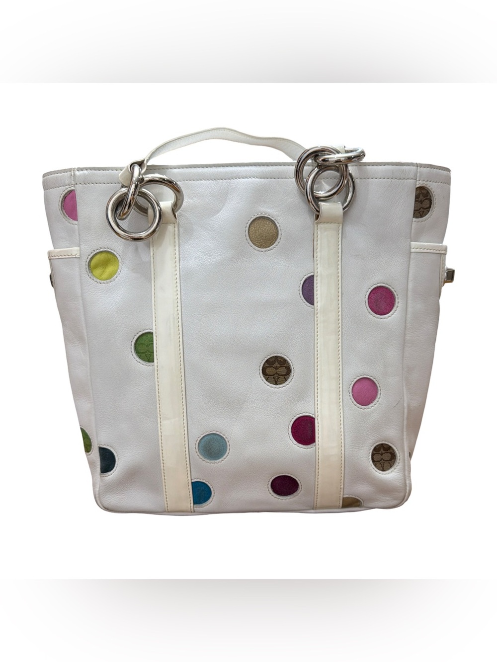 Coach β’ 9763 White Leather Multicolor Polka Dot Gallery Tote Shoulder Bag Y2K - Picture 2 of 16